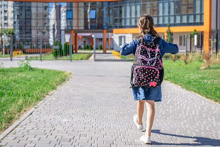 Smiling schoolgirl with a backpack, heading to school joyfully.