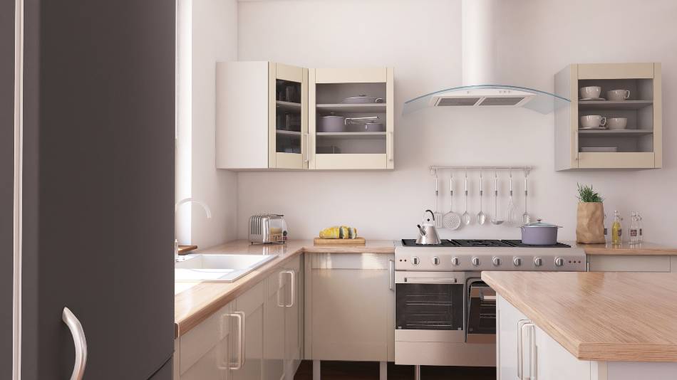 foto de cozinha toda equipada em branco e madeira