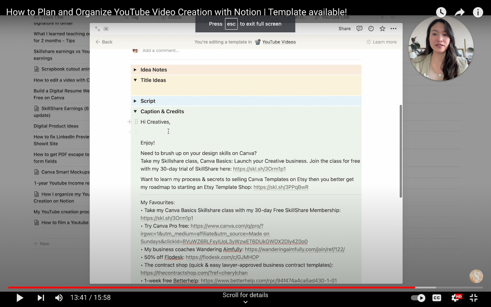 A look inside Cheryl's process for writing a YouTube video script using Notion.