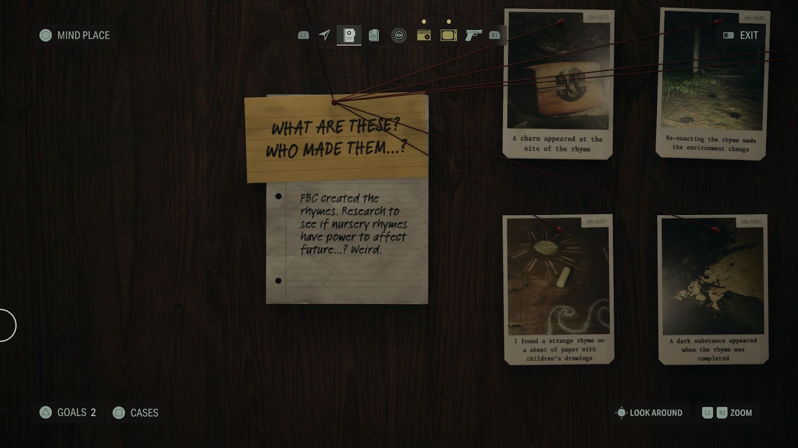 An in game screenshot of the Saga's Case Board from the game Alan Wake II. 