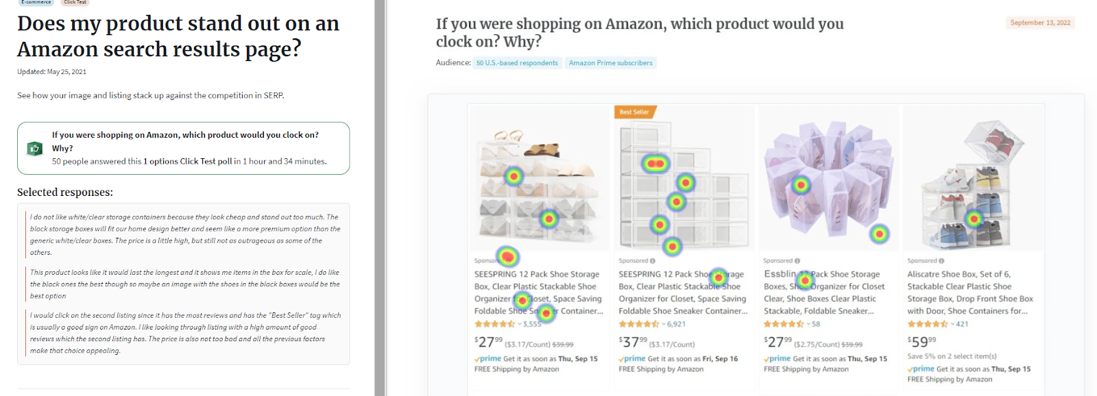 Screenshot of Amazon search results page optimization with a click heatmap.