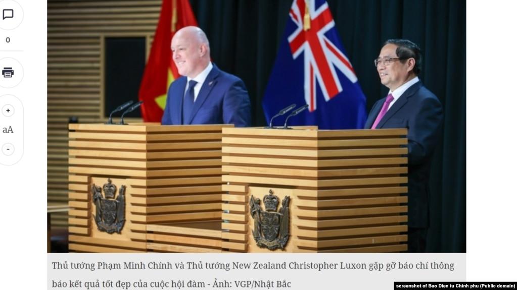 Thủ tưởng New Zealand Christopher Luxon gặp Thủ tướng Việt Nam Phạm Minh Chính ở Wellington, 11/3/2024.