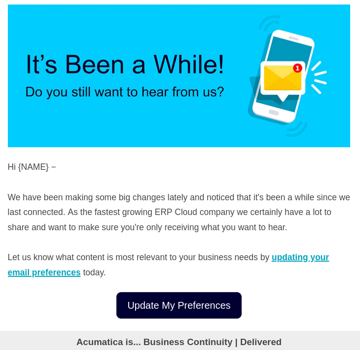Acumatica 要求客戶更新他們的電子郵件首選項。
