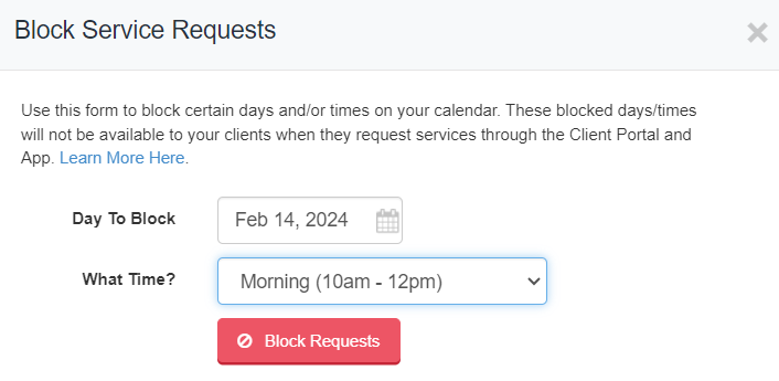 screenshot of date to block and what time options in block service requests popup window