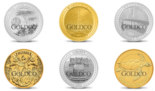 Goldco display of gold and silver coins people can invest in. 