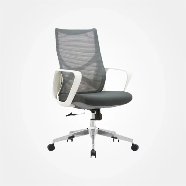 Black fabric office chair with white frame and black cushions, breathable mesh backrest, and reclining function