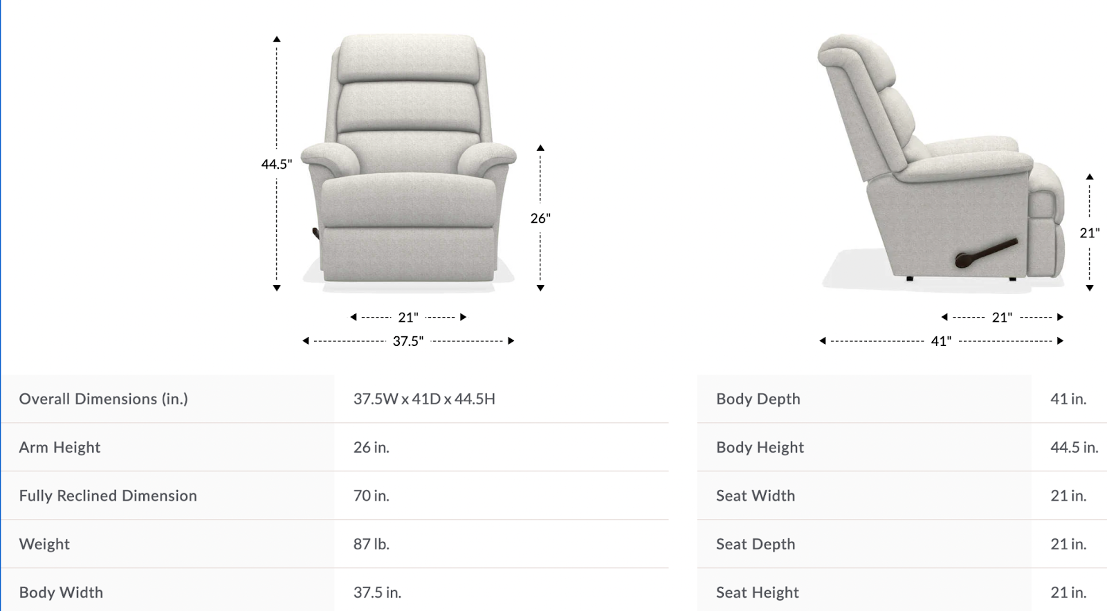 astor wall recliner dimensions