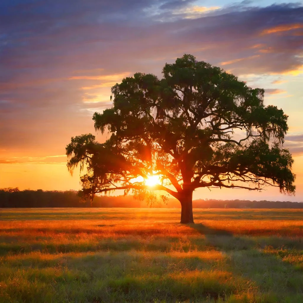 A majestic lone tree stands in an open field with the setting sun casting its fiery glow through the branches.