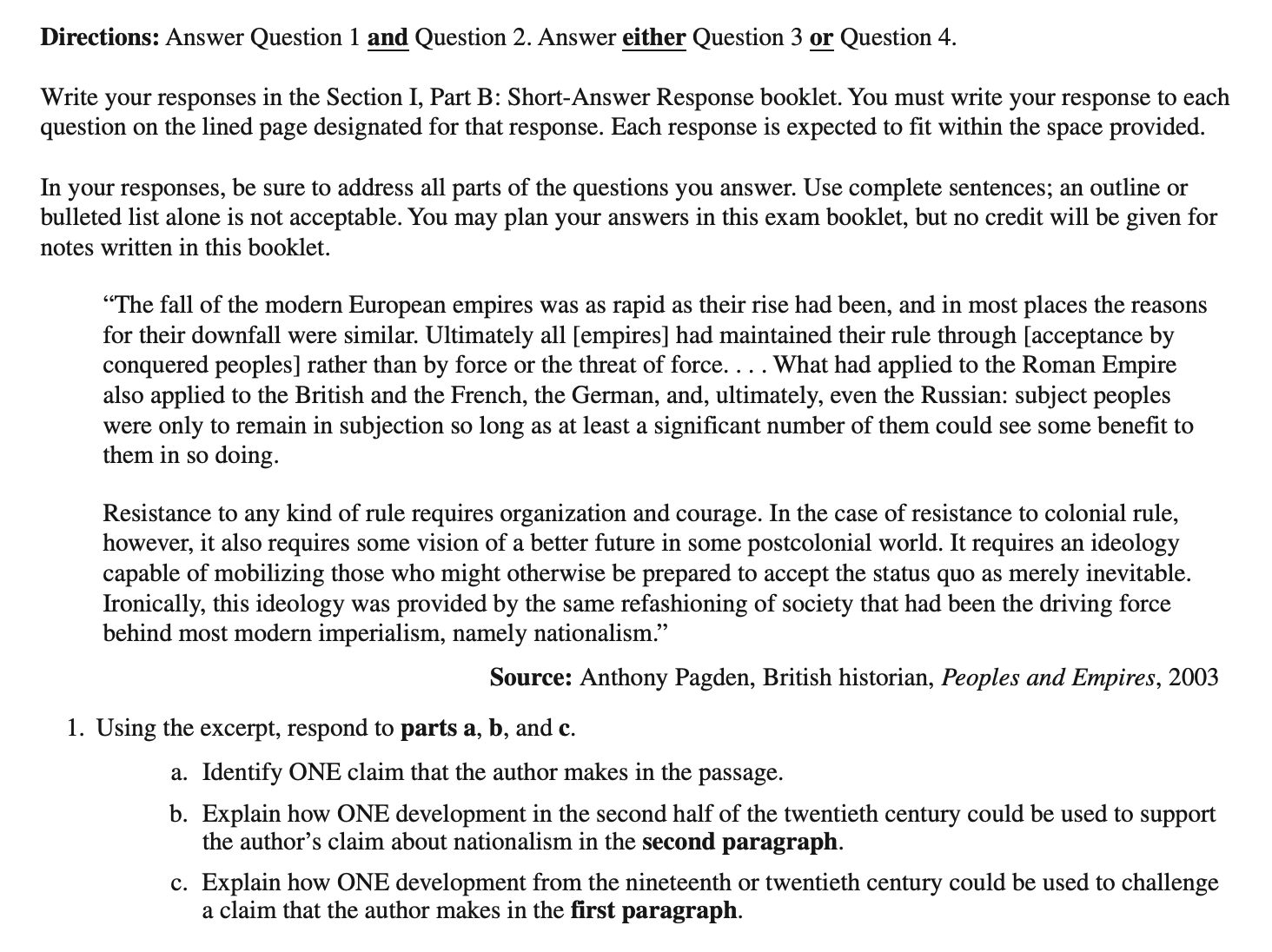 An example of the AP World History exam short answer question
