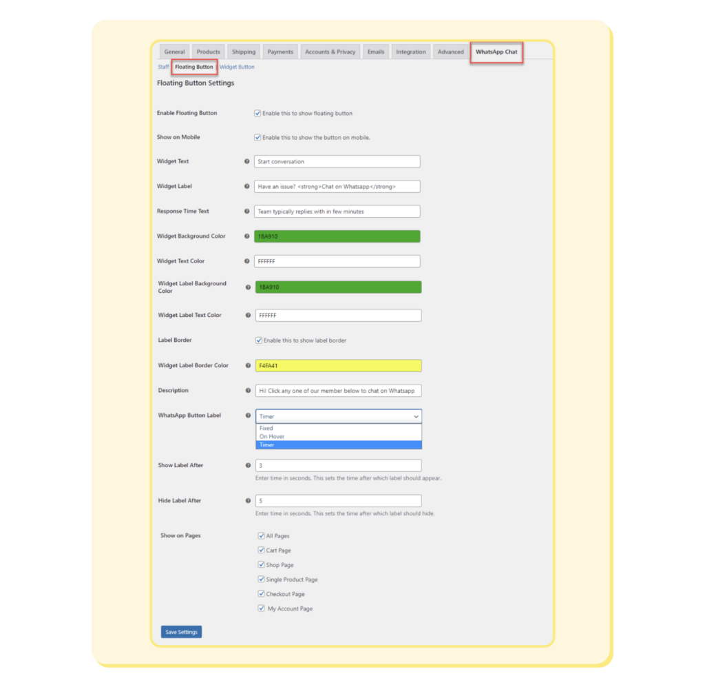 WooCommerce Integration for Floating WhatsApp Button Settings