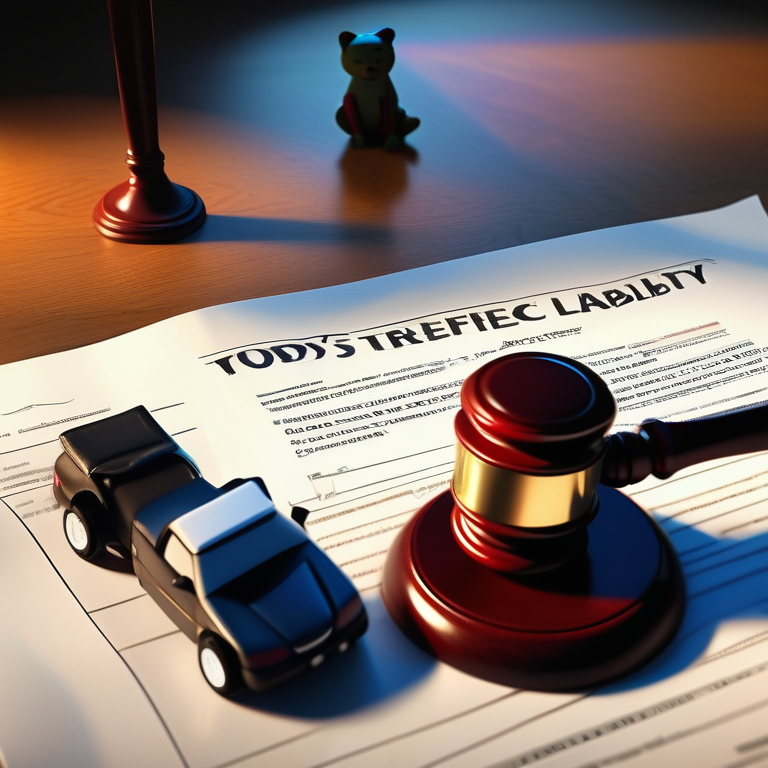 Gavel and toy car on a document marked "Road Traffic Accident Liability" cast in shadows, symbolizing legal repercussions.