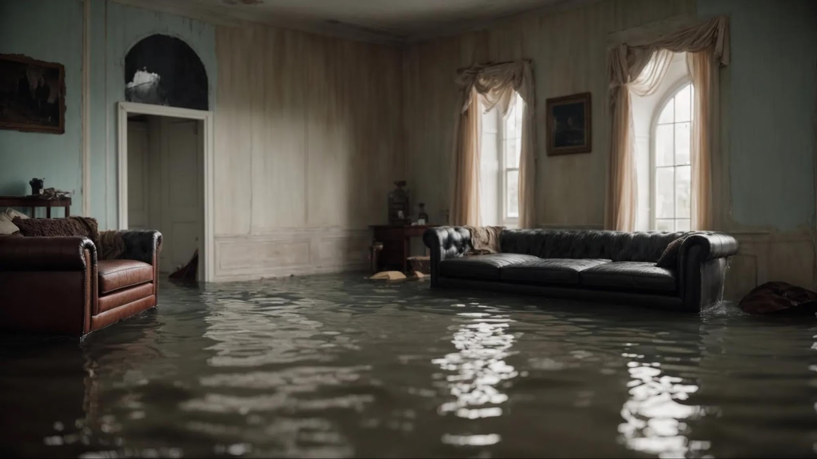 a vast, flooded living room with soaked furniture and peeling walls, standing as a stark testament to water's destructive power.