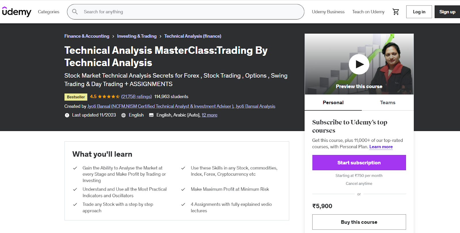 Technical Analysis Master class by Udemy 