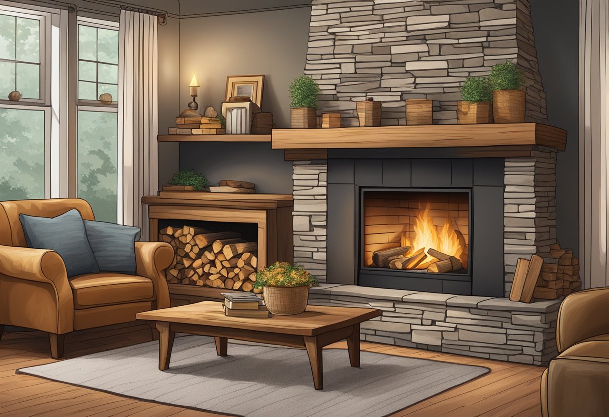 A stack of seasoned oak, hickory, and maple firewood sits next to a crackling fireplace, radiating warmth and comfort into a cozy living room