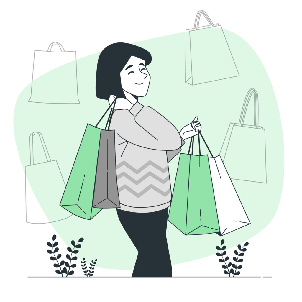 Ilustração de mulher feliz segurando sacola de compras.
Funil de vendas