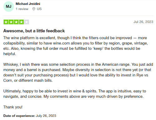 A 4-star Vinovest review from an investor happy with the ease of using the app but wishing for more specific options to choose from. 