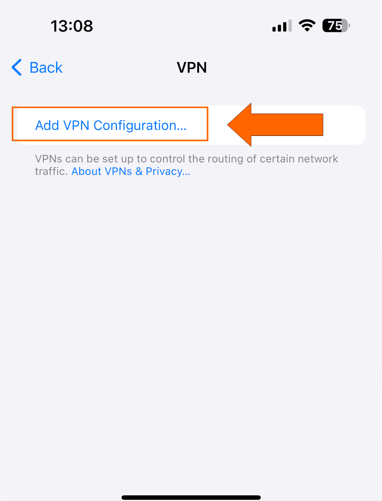 VPN menu for iOS with Add VPN Configuration highlighted.