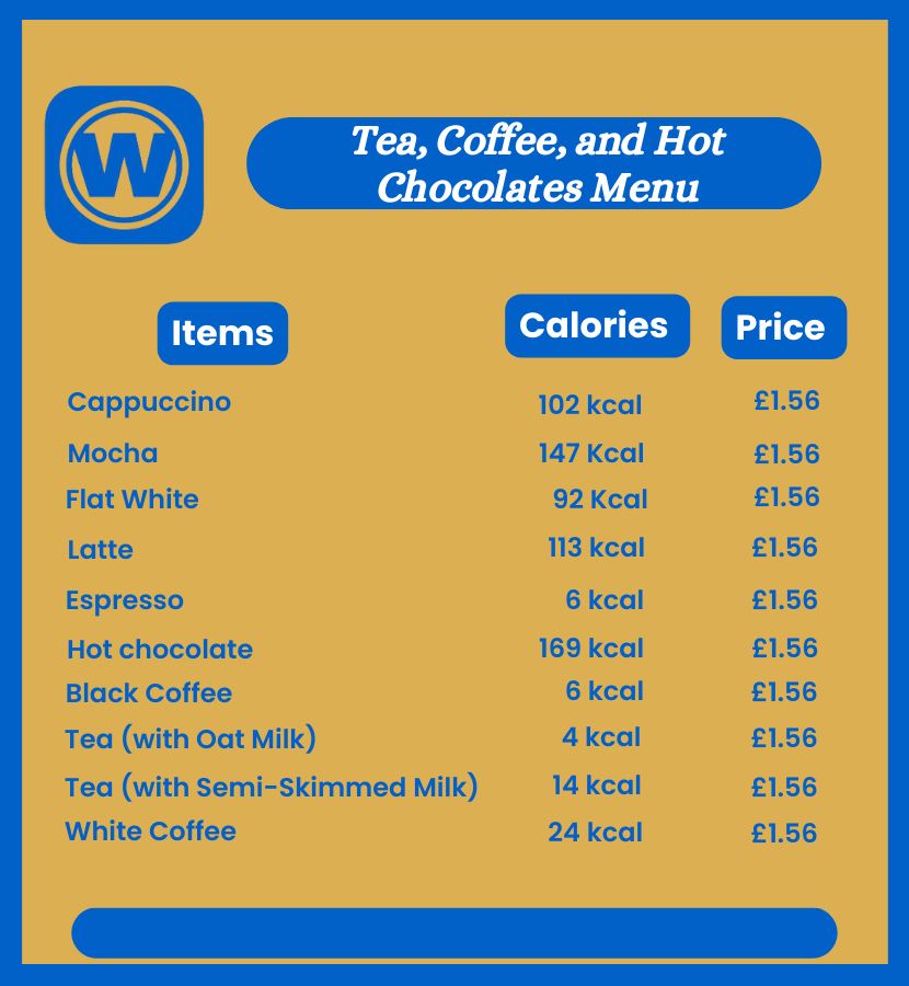 Tea, Coffee, and Hot chocolates from wetherspoon breakfast menu