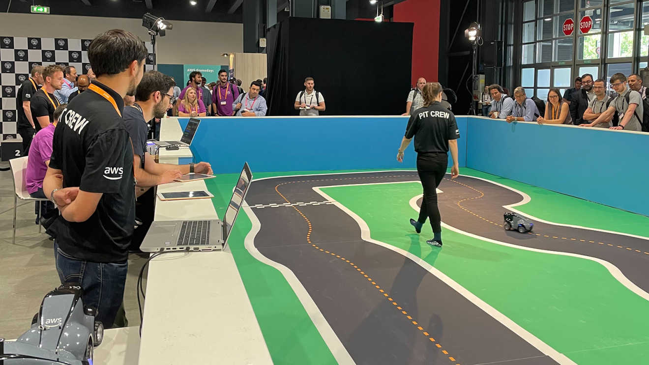 A photo of developers participating in an AWS DeepRacer event.