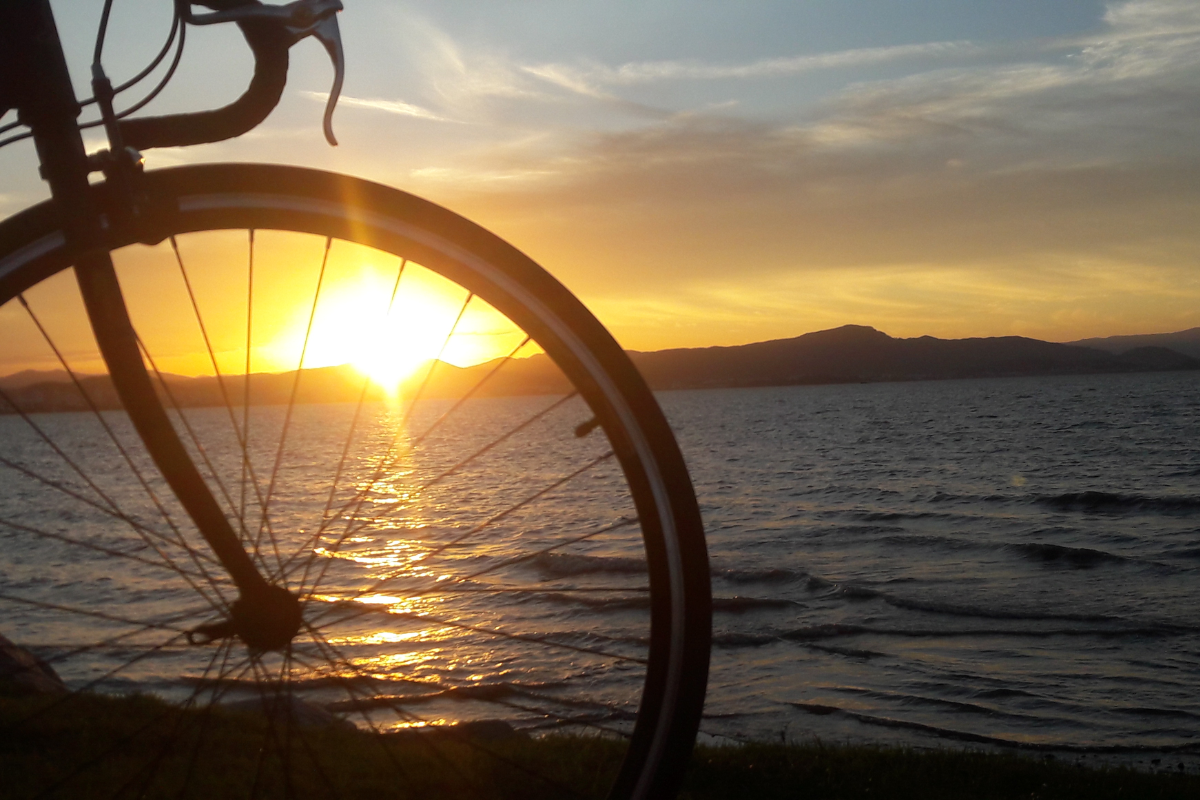 Foto da roda de uma bicicleta no por do sol em Florianópolis. Viagem de bike