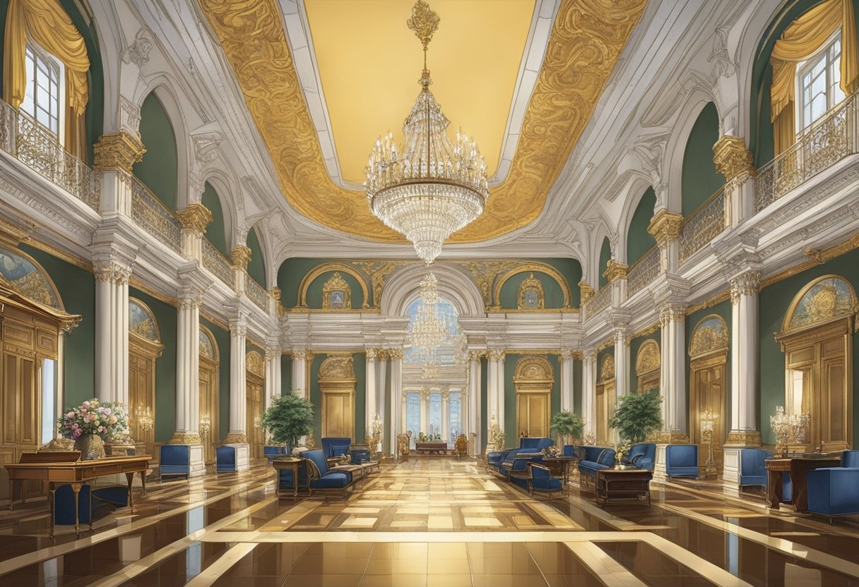 A grand hall filled with opulent decor and bustling with influential figures from various industries. A sense of power and prestige exudes from the atmosphere