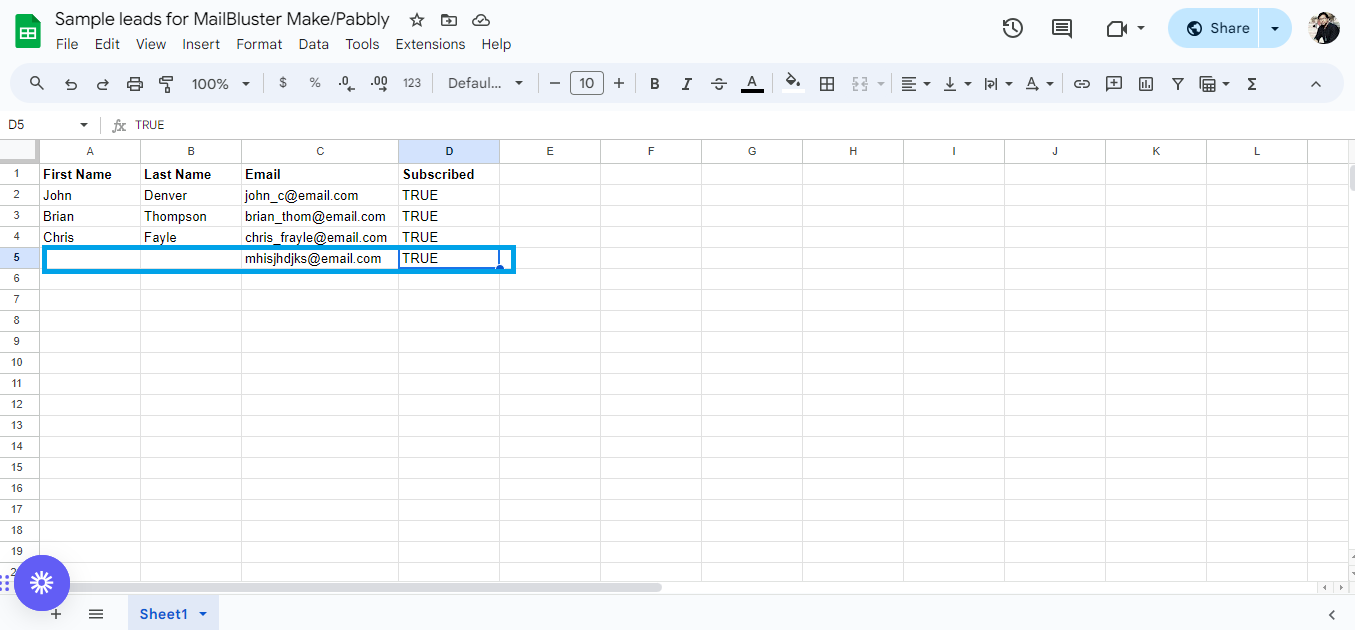 Adding a new test lead to Google Sheet for Pabbly Integration
