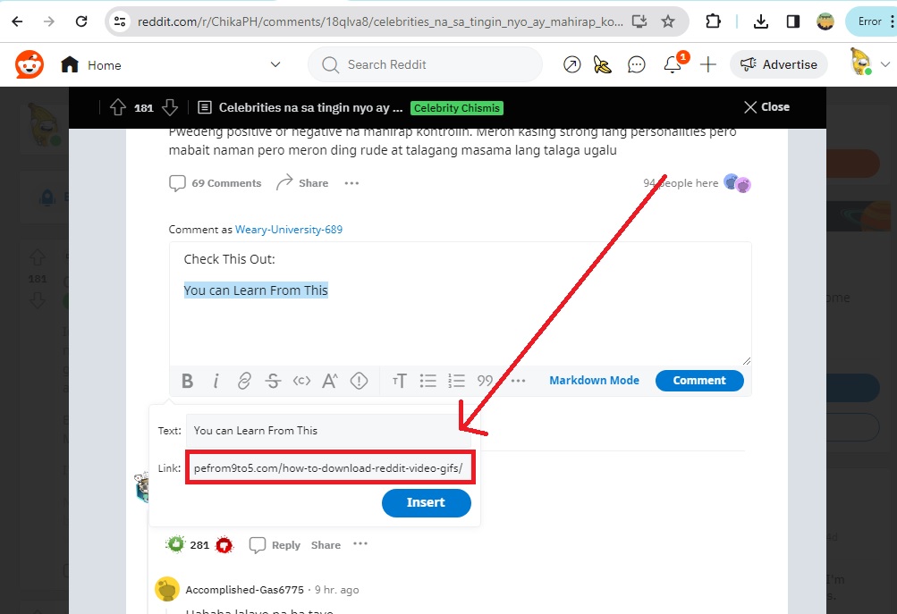 How to Add Links into Reddit Post and Comments - Insert the URL Link in the Comment
