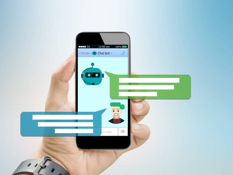 A hand holding a mobile phone app with a text to-speech AI chatbot offering advice.