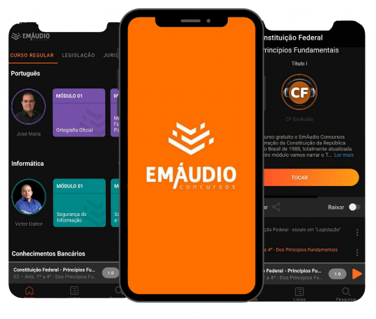 Celular mostrando telas abertas no aplicativo EmÁudio Concursos