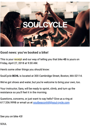 Ví dụ xác nhận email từ SoulCycle.