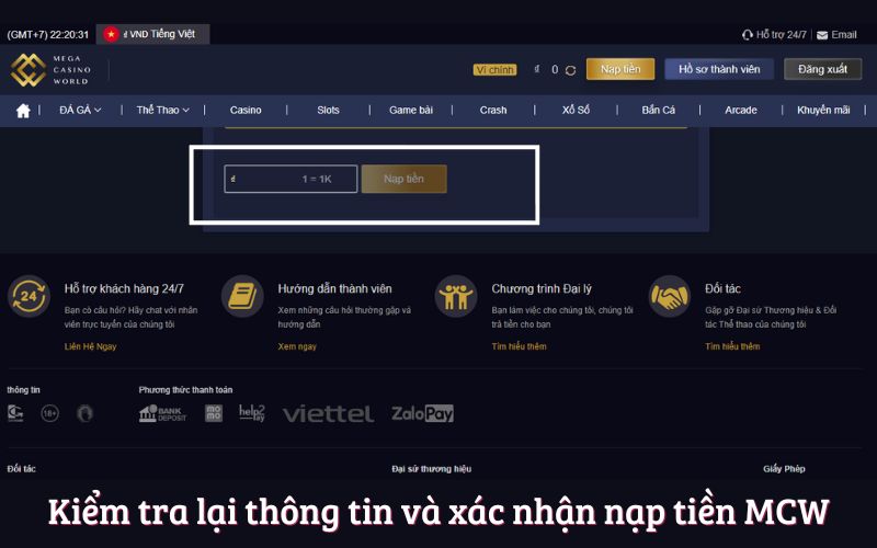 Kiểm tra lại thông tin và xác nhận nạp tiền MCW