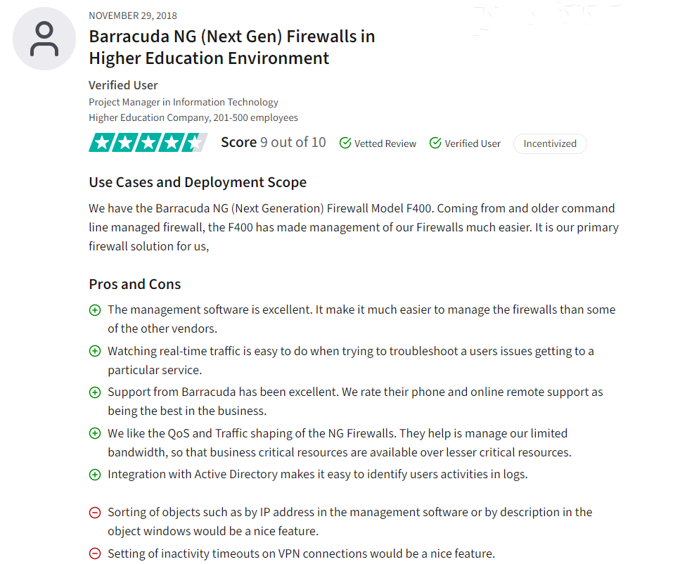 This image shows a user review on Barracuda, one of the top firewall management tools.