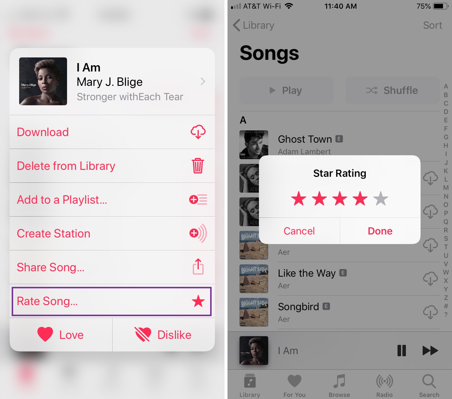 Song menu on Apple Music with a Rate Song feature highlighted, and a screenshot with the Star Rating popup