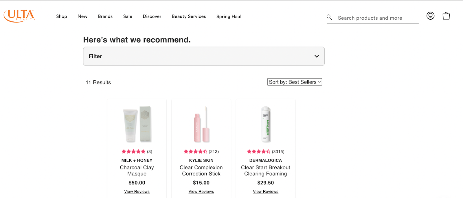 recommendation page of Ulta quiz