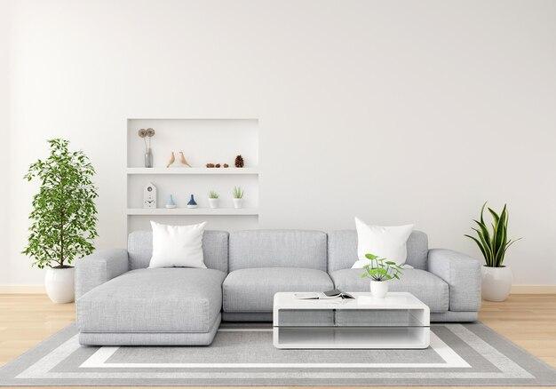 Gray sofa in white living room with copy space
