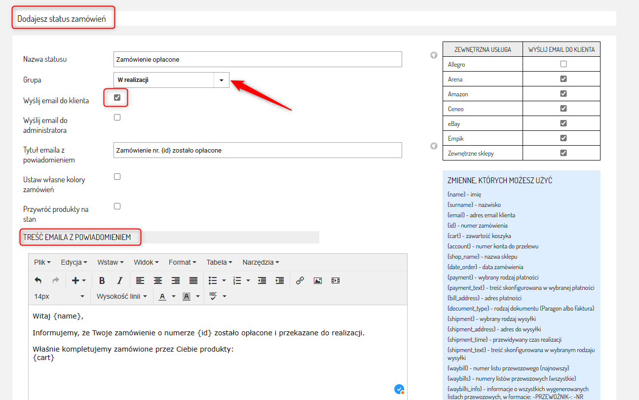 Konfiguracja powiadomień związanych ze zmianą statusu zamówienia w Sellasist