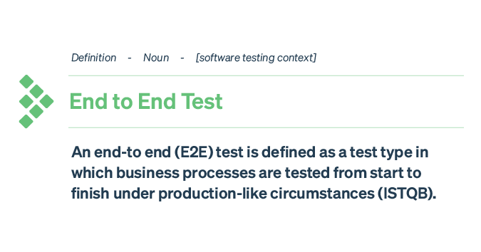 An end-to end (E2E) test is defined as a test type in which business processes are tested from start to finish under production-like circumstances (ISTQB).
