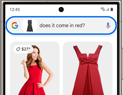 The Google search bar being highlighted with the words 'does it come in red?'