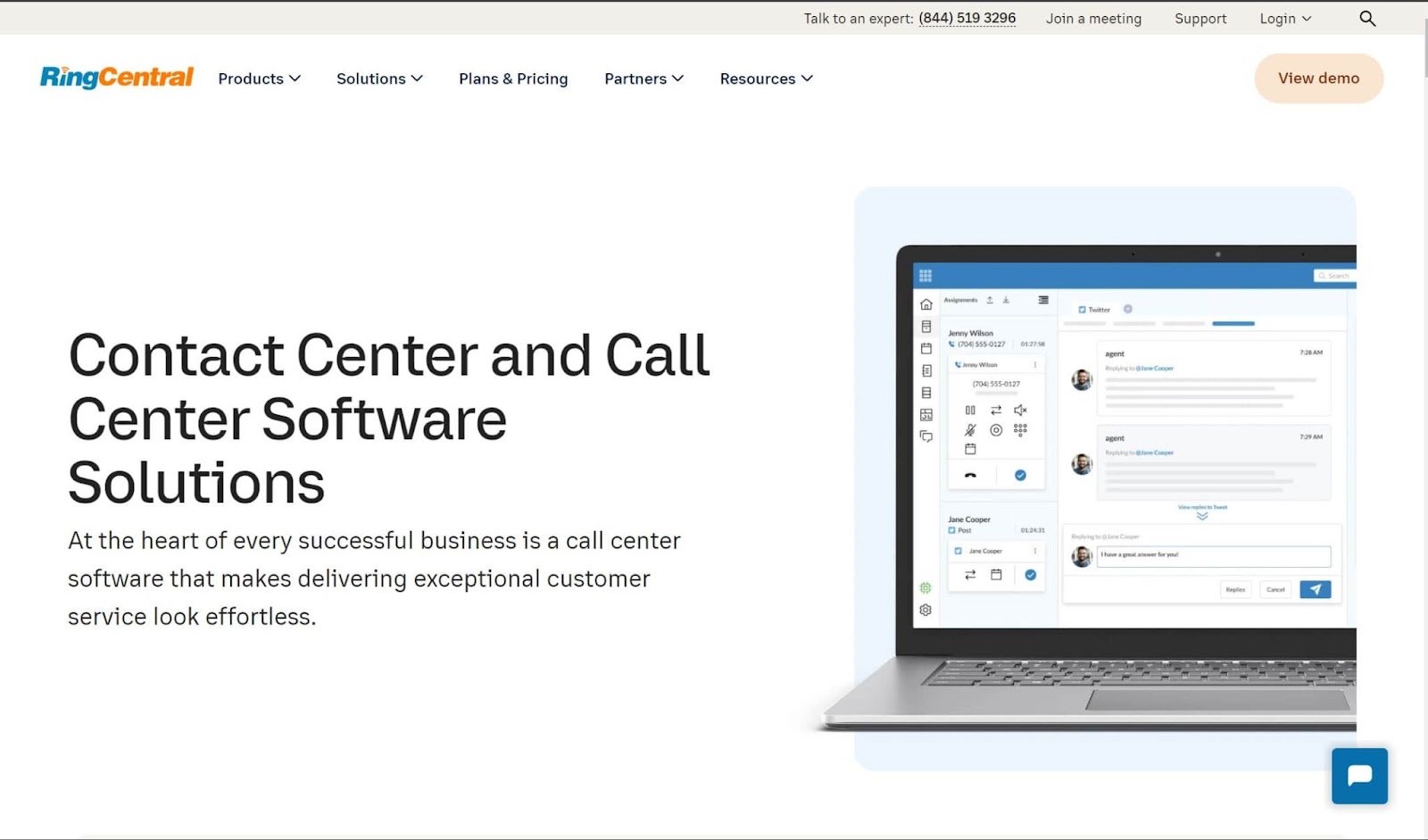 Screenshot of RingCentral Contact Center website