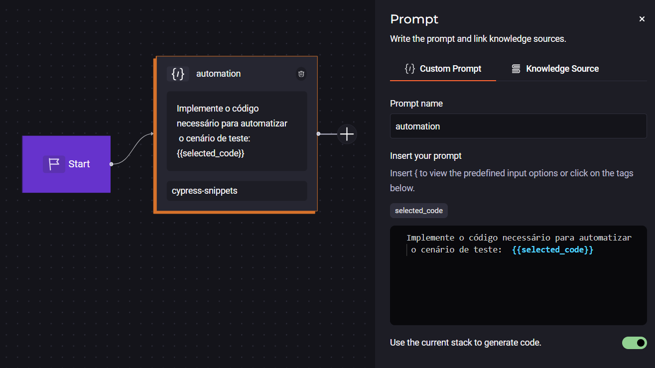 Imagem do fluxo de cadastro de um Custom Quick Command do tipo Prompt na plataforma StackSpot AI.