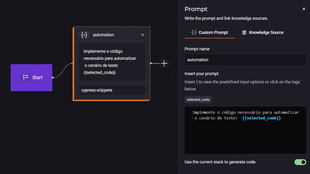 Imagem do artigo sobre teste de aceitação com imagem do fluxo de cadastro de um Custom Quick Command do tipo Prompt na plataforma StackSpot AI.