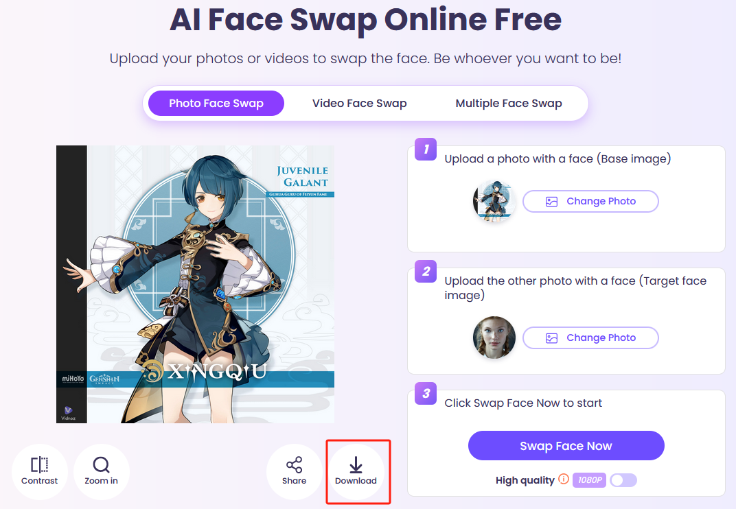 Random Genshin Character Through Face Swap by Vidnoz AI Photo Face Swap