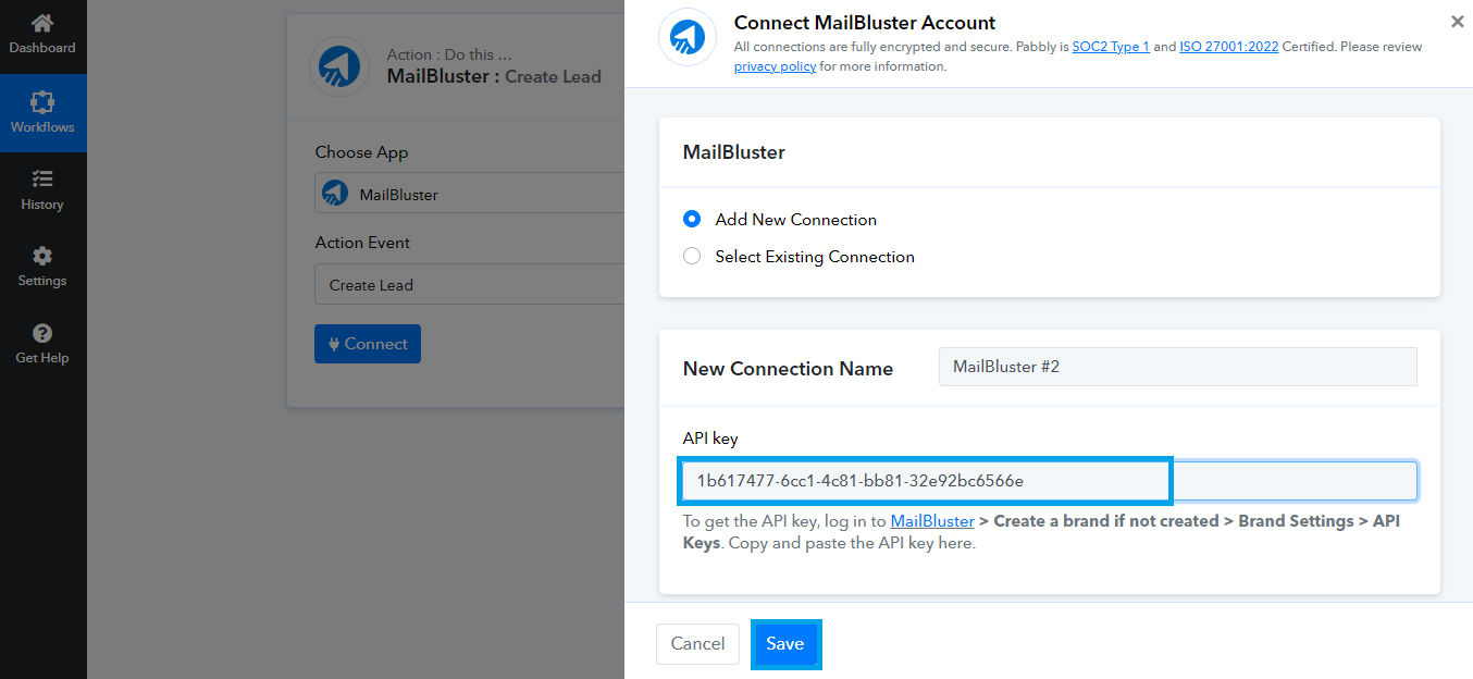 API key submission in MailBluster connection on Pabbly