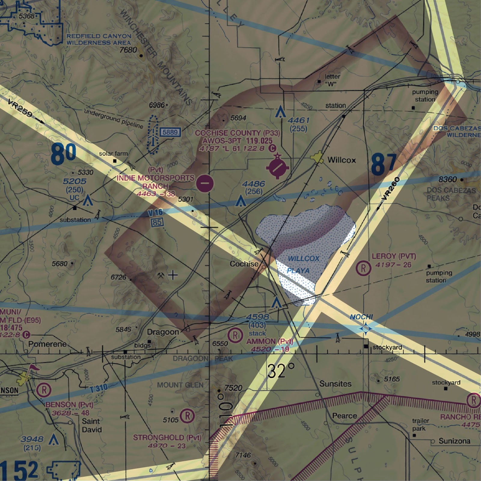A diagram depicting military training routes on a sectional chart.