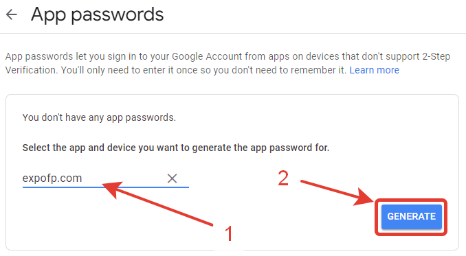 App passwords section showing two-step process