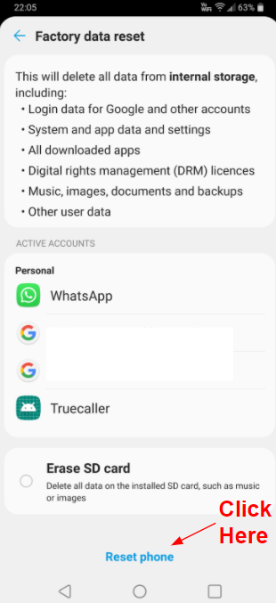 Screenshot of the factory data reset page in the Android settings menu