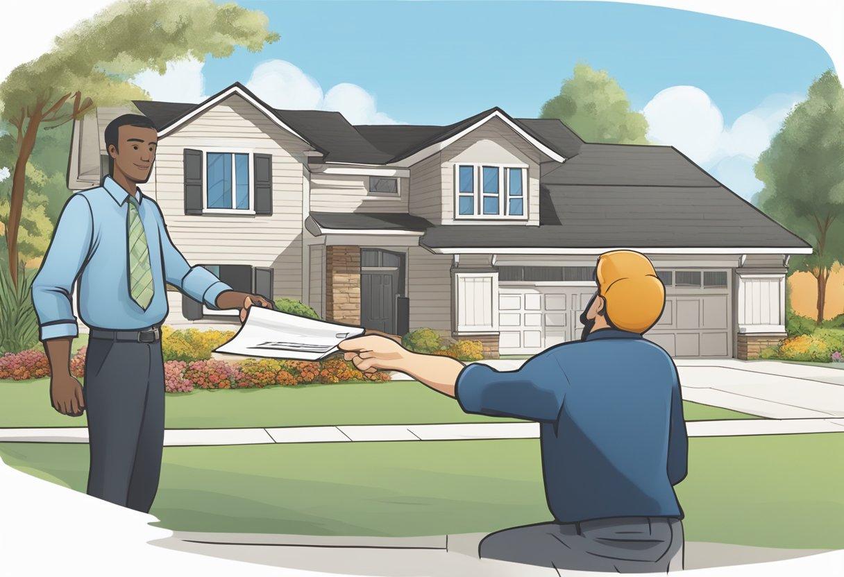 A handshake between a buyer and seller, with a calendar showing a short timeline. The Harmony Home Buyers logo is visible in the background