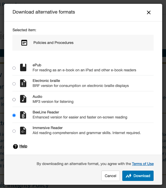 The alternative format option window. Includes epub, electronic braille, audio, beeline reader, and immersive reader options next to radio buttons.