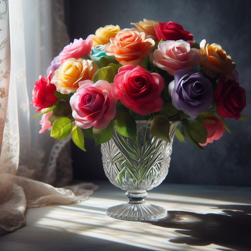 um vaso com rosas artificiais
