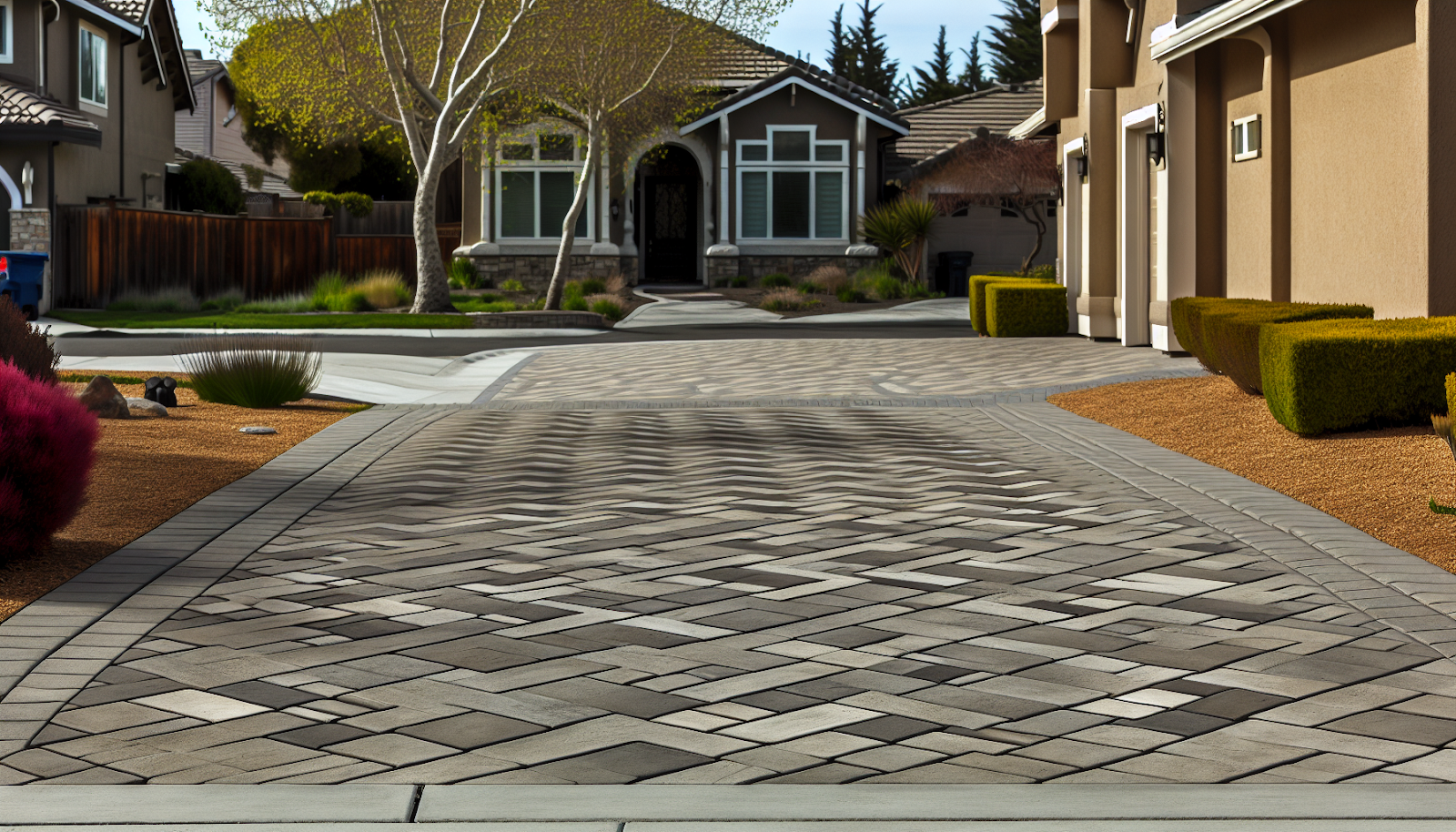 Concrete driveway with a herringbone pattern, demonstrating a stylish and practical design for modern homes.